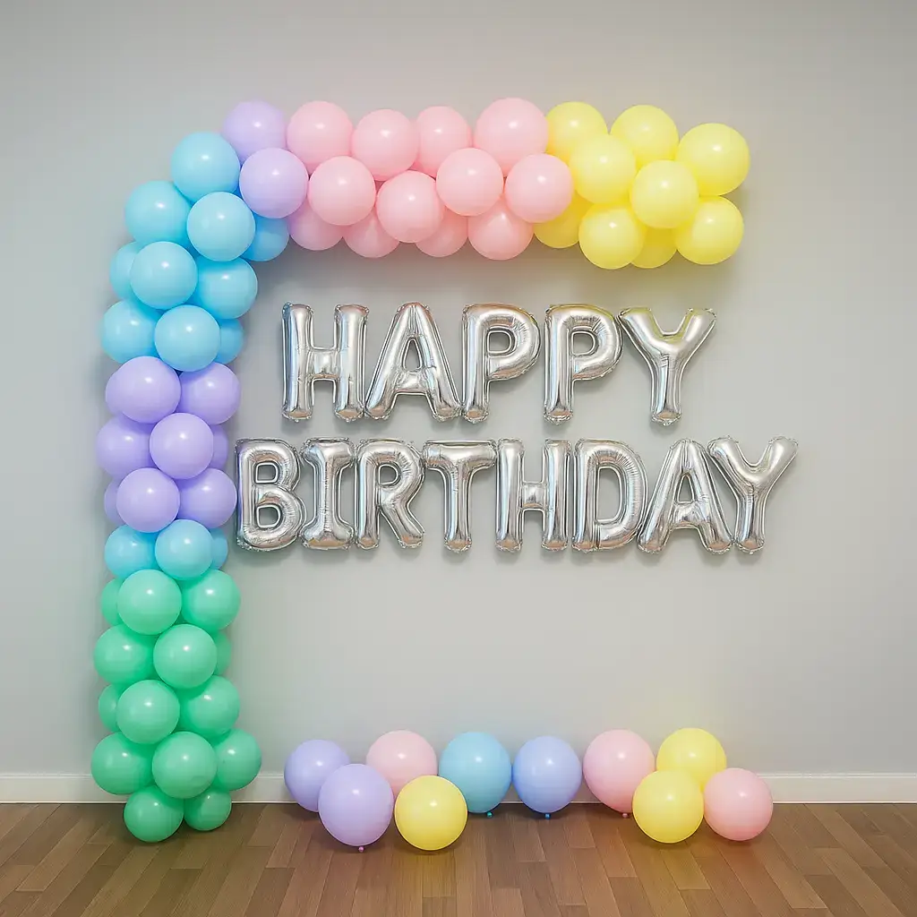 Colorful balloons arch decoration on wall
