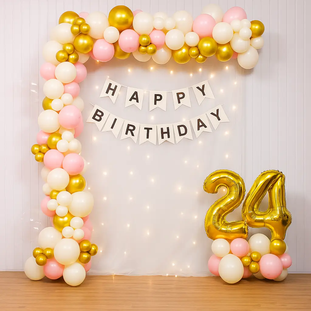 Balloon Decoration at Home with Pastel Balloons and Happy Birthday Banner