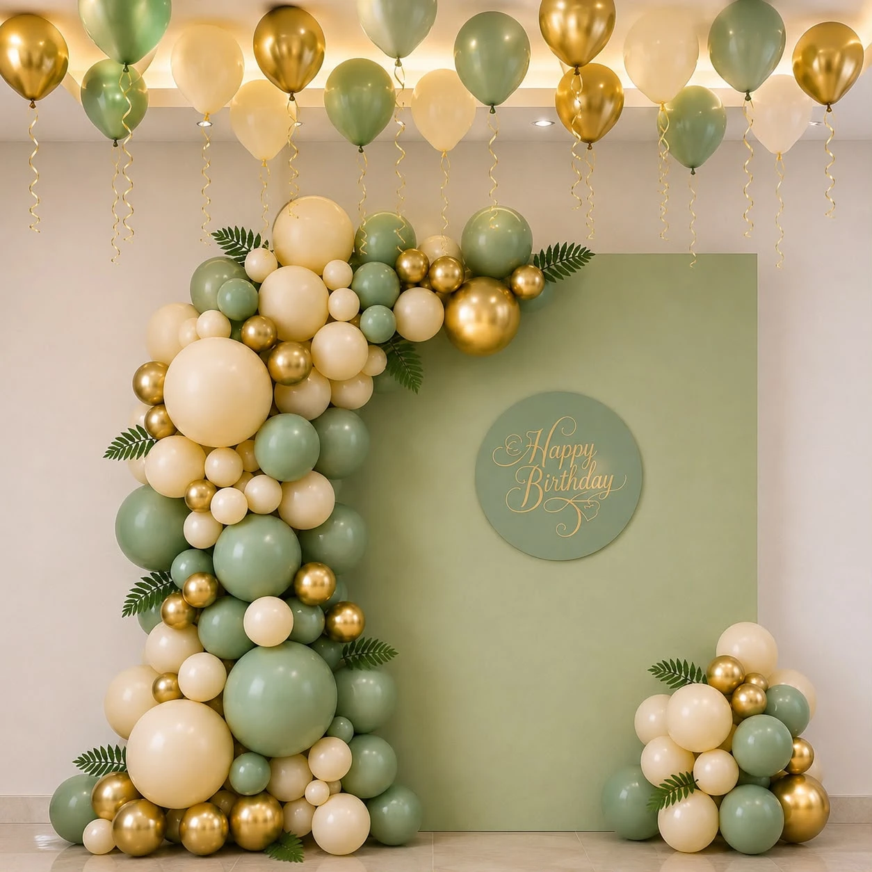 Sage Green & Gold Organic Balloon Arch Birthday Decoration — thumbnail 2
