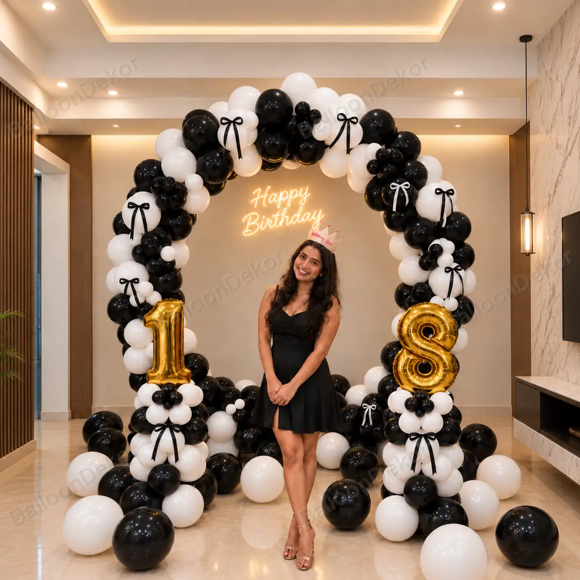 Black & White Bow Theme birthday Ring Decor — Trending Balloon Decoration Packages in Noida
