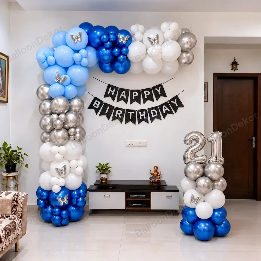 Blue Silver Balloon Arch Decoration — Balloon Decoration in Bangalore at Home in Bangalore