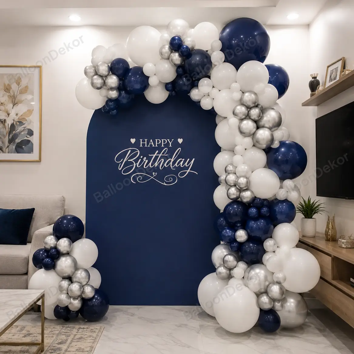 Blue Silver Balloon Backdrop Setup
