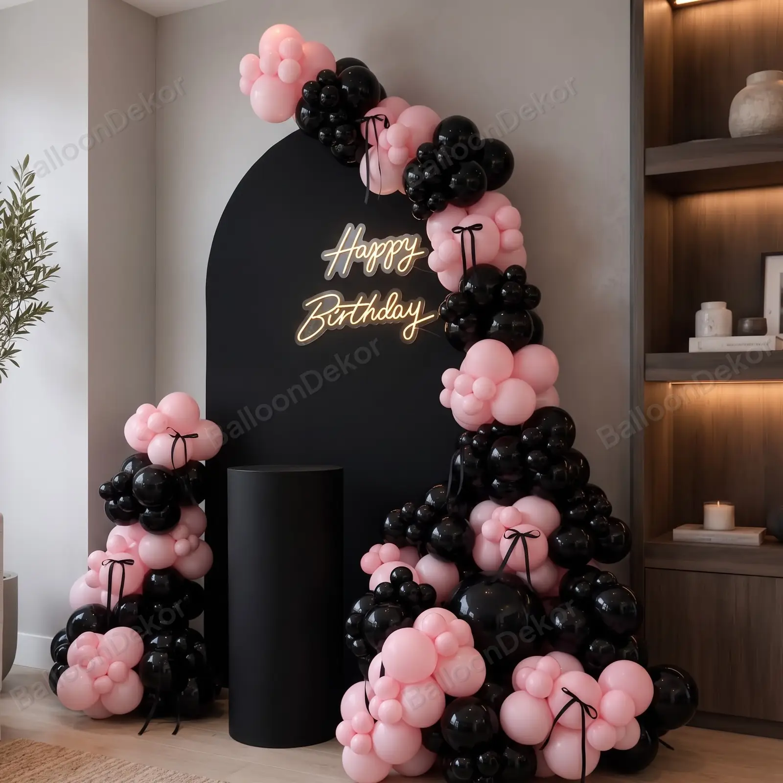 Chic Black and Pink Birthday Arch Decor — thumbnail 2