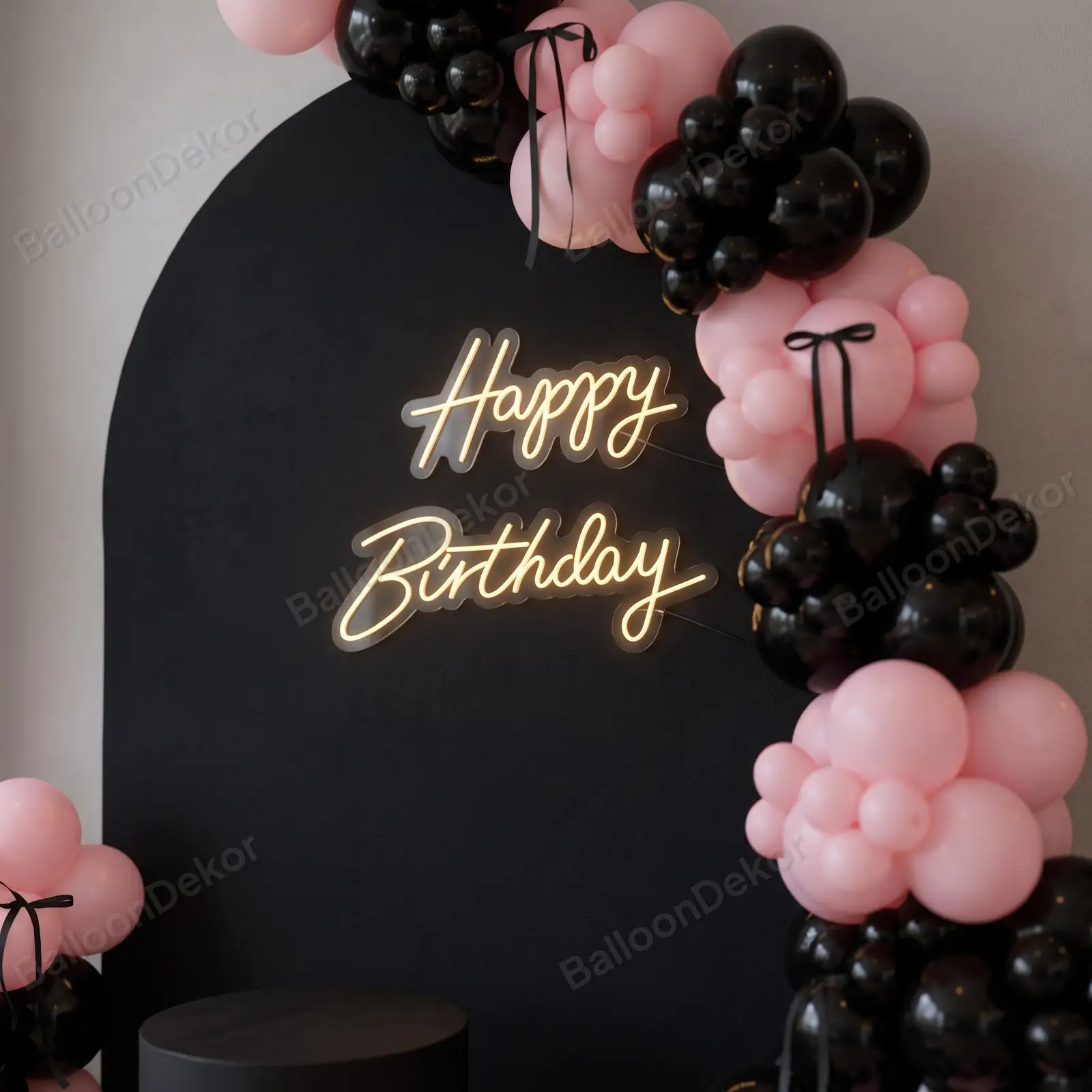 Chic Black and Pink Birthday Arch Decor — thumbnail 3