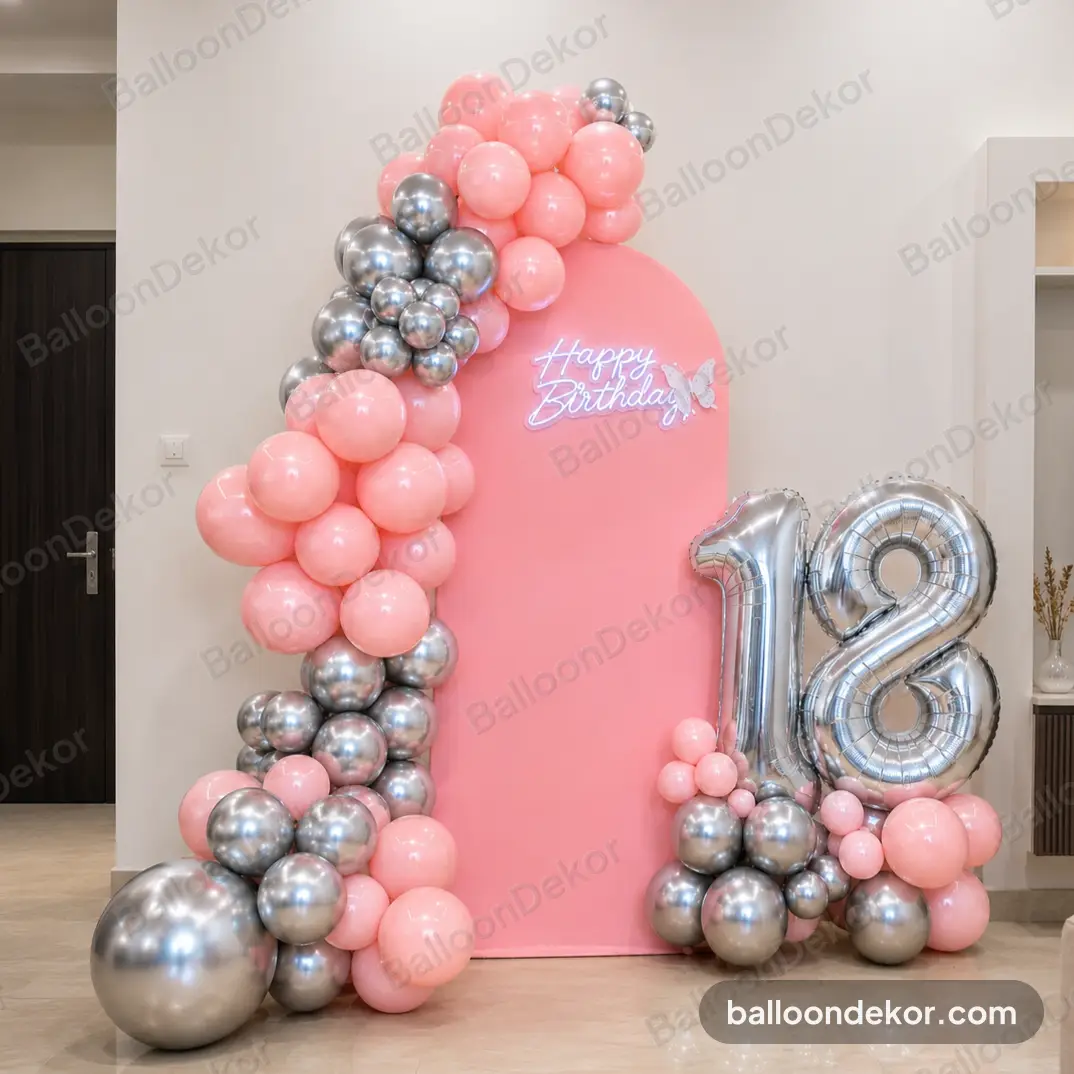 Pink Silver Balloon Backdrop Decoration in Delhi — Balloon Decoration in Delhi in Delhi