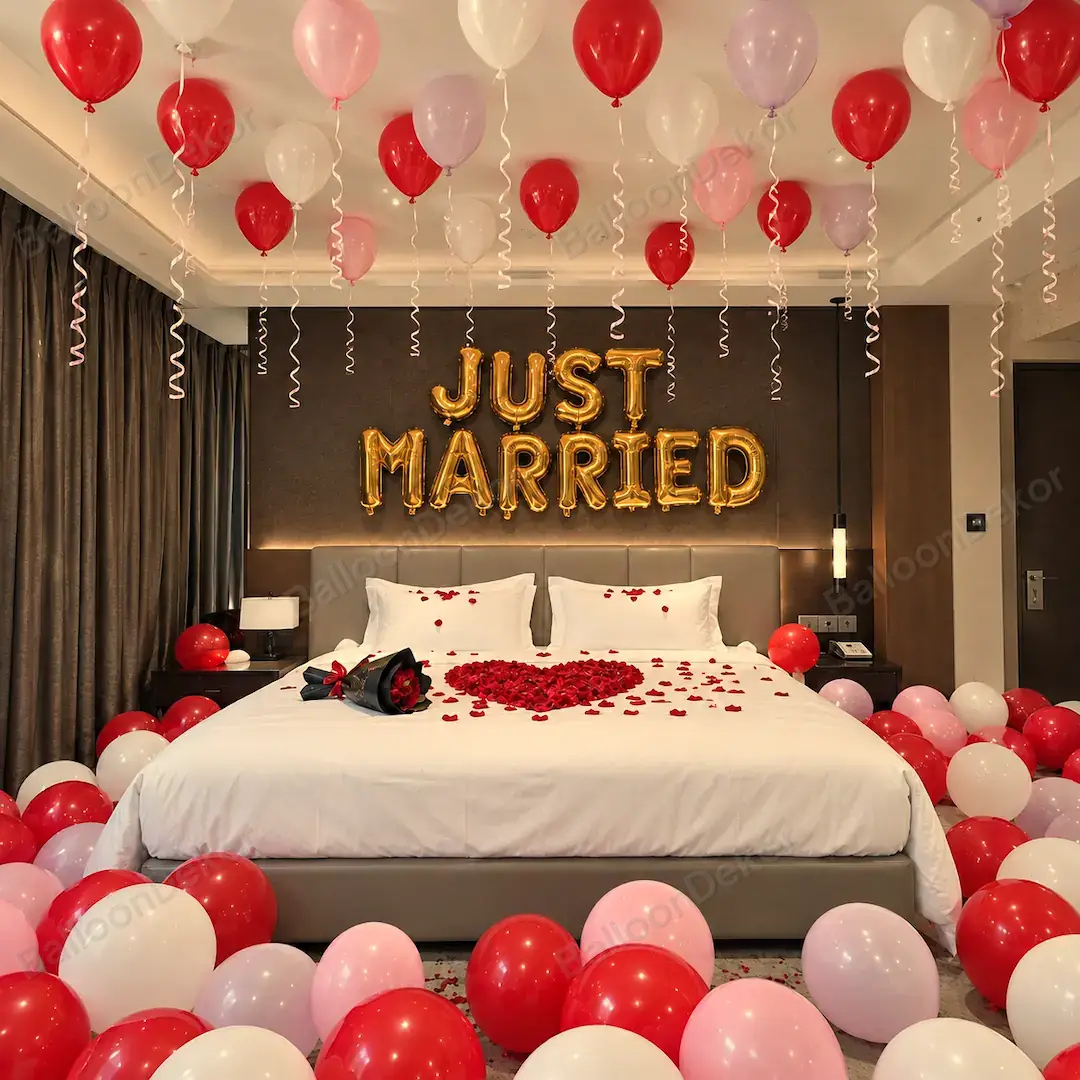 Just Married Balloon Decor — First Wedding Night Decoration in Kolkata in Kolkata