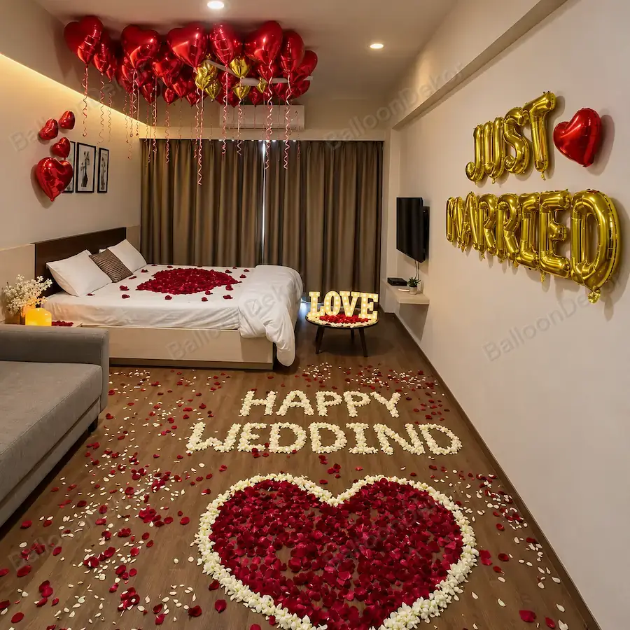 Just Married Romantic Room Decor — First Wedding Night Decoration in Kolkata in Kolkata