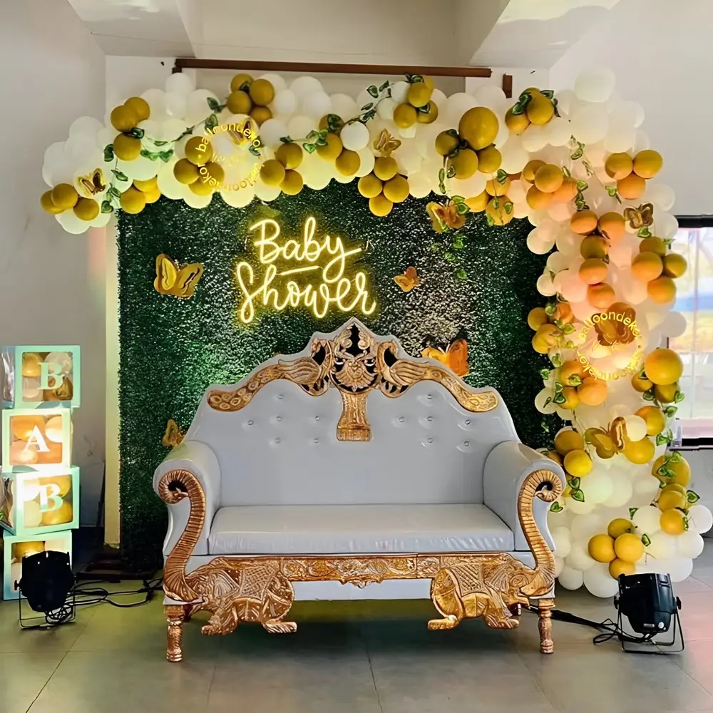 Green & Gold Baby Shower Balloon Backdrop – Elegant Nature-Themed Décor