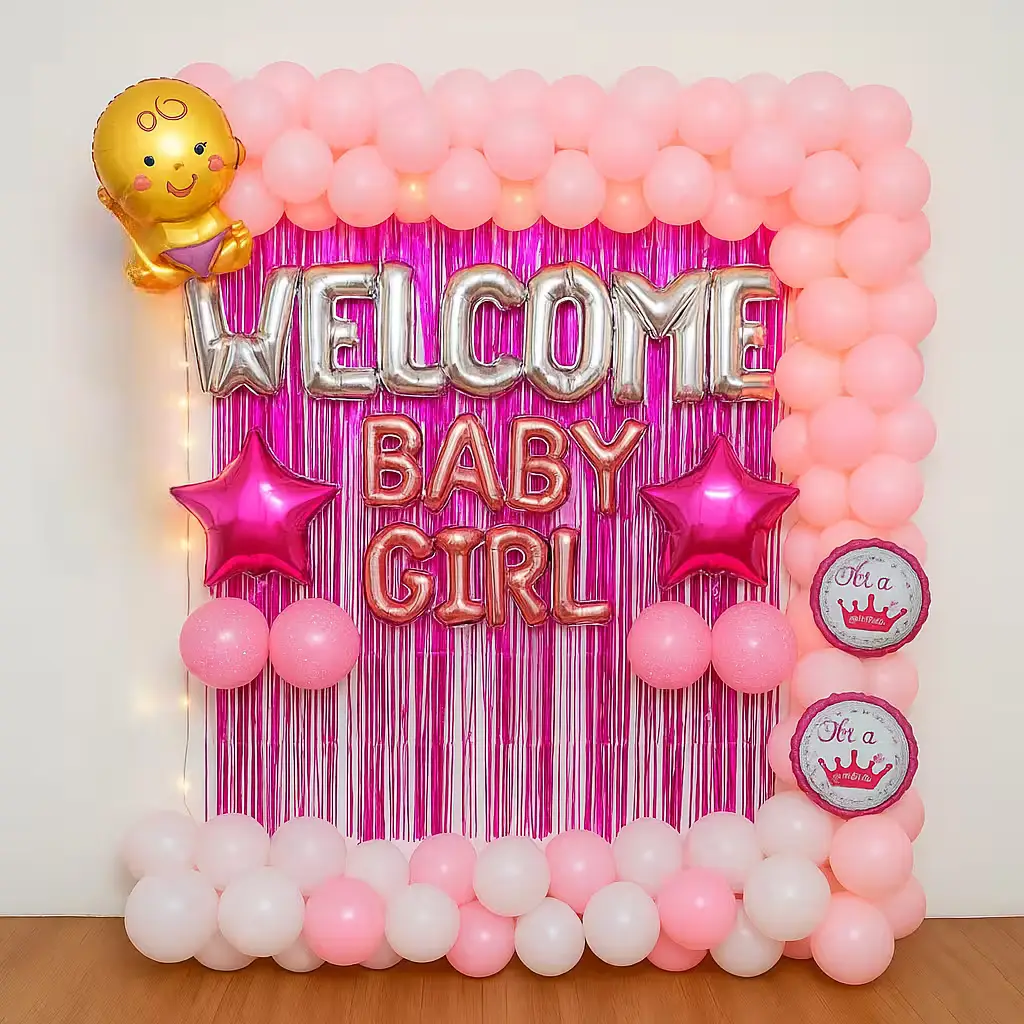 Baby Girl welcome home decoration with balloons and lights