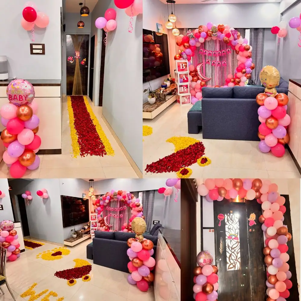 Pink and white balloon decoration for newborn baby welcome 