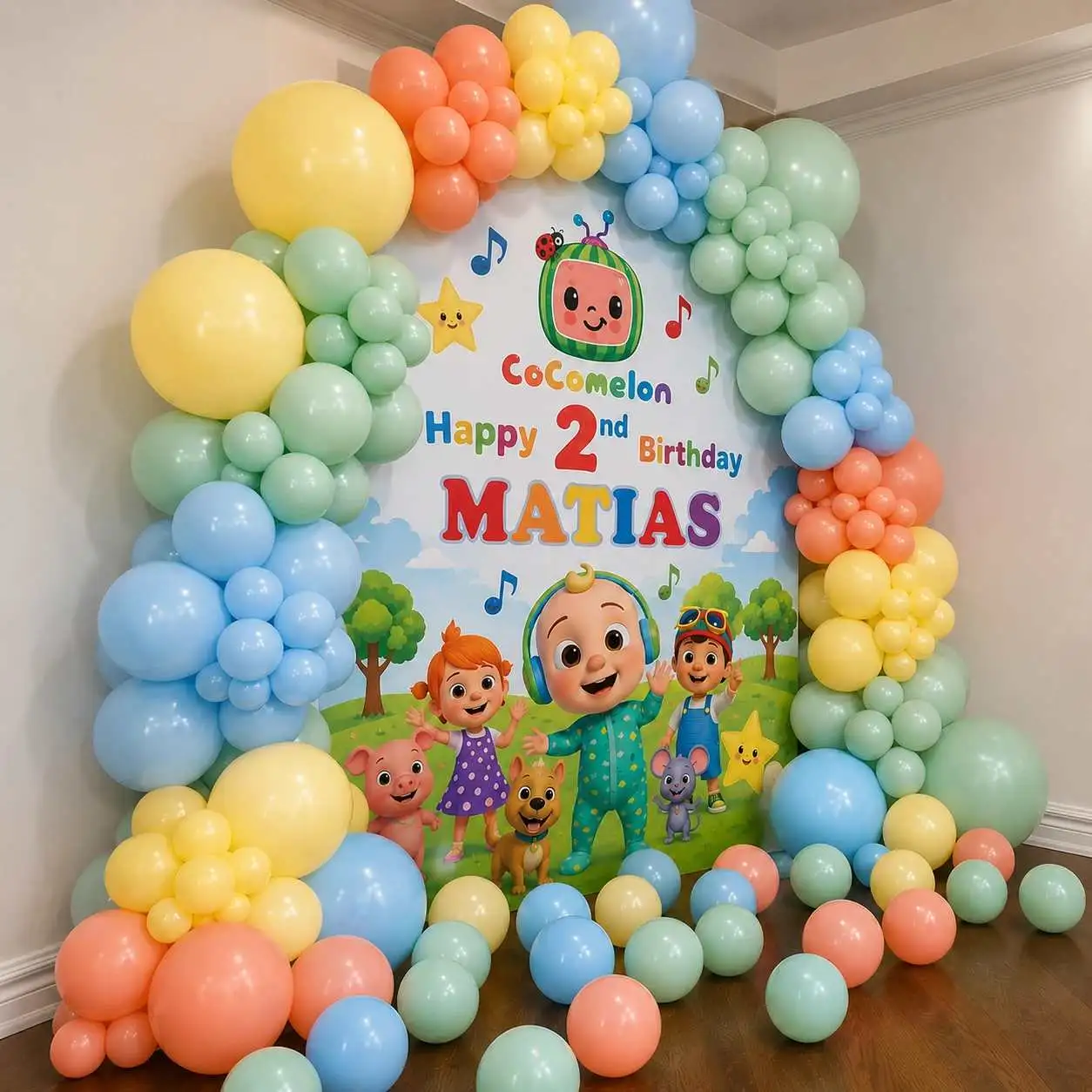 Cocomelon Theme Balloon Decoration with Printed Backdrop — thumbnail 2