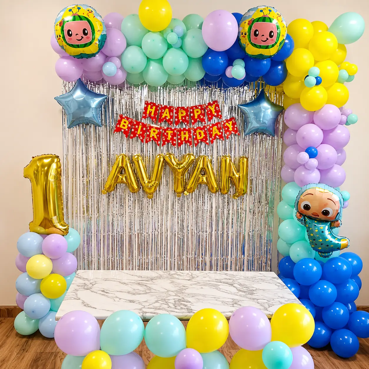 Colorful Cocomelon Theme Balloon Decoration — Balloon Decoration at Home by Expert Decorators