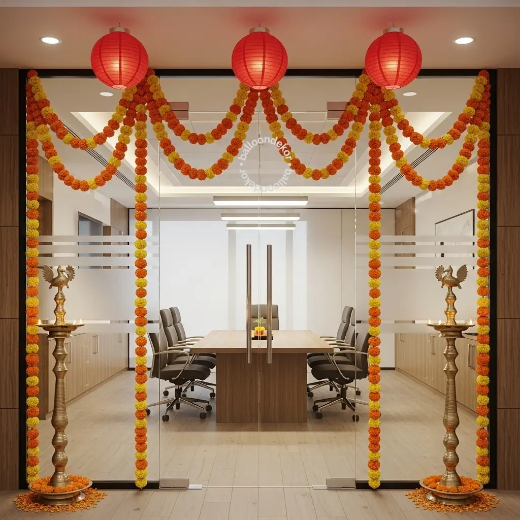 Office Diwali Decoration with Garland And Paper Lantern 