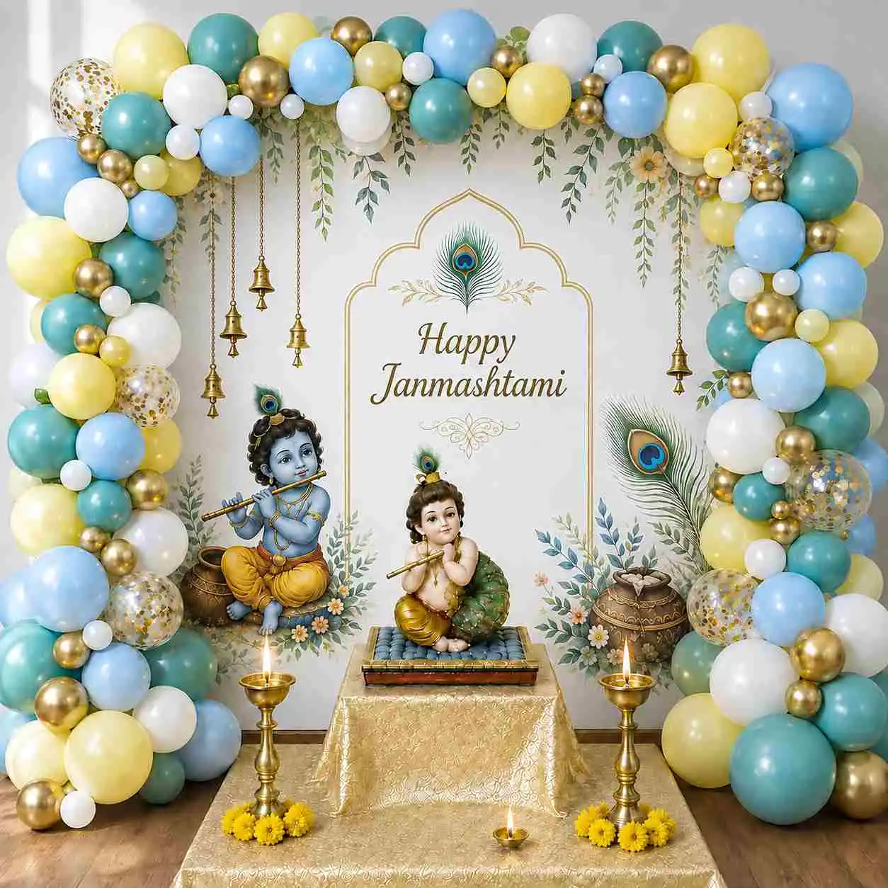 Elegant Pastel Krishna Janmashtami Balloon Decoration — Janmashtami Decoration at Home