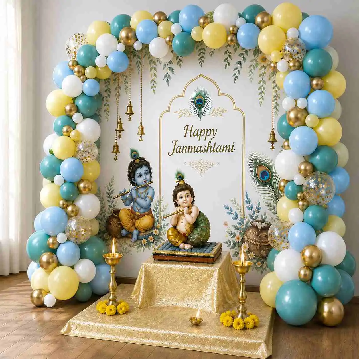 Elegant Pastel Krishna Janmashtami Balloon Decoration — thumbnail 2