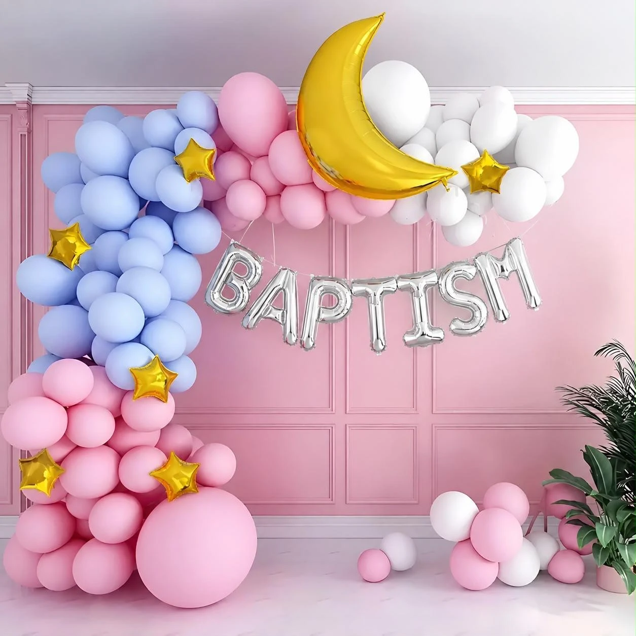 Pastel Moon Baptism Balloon Decoration — Baptism & Christening Decoration