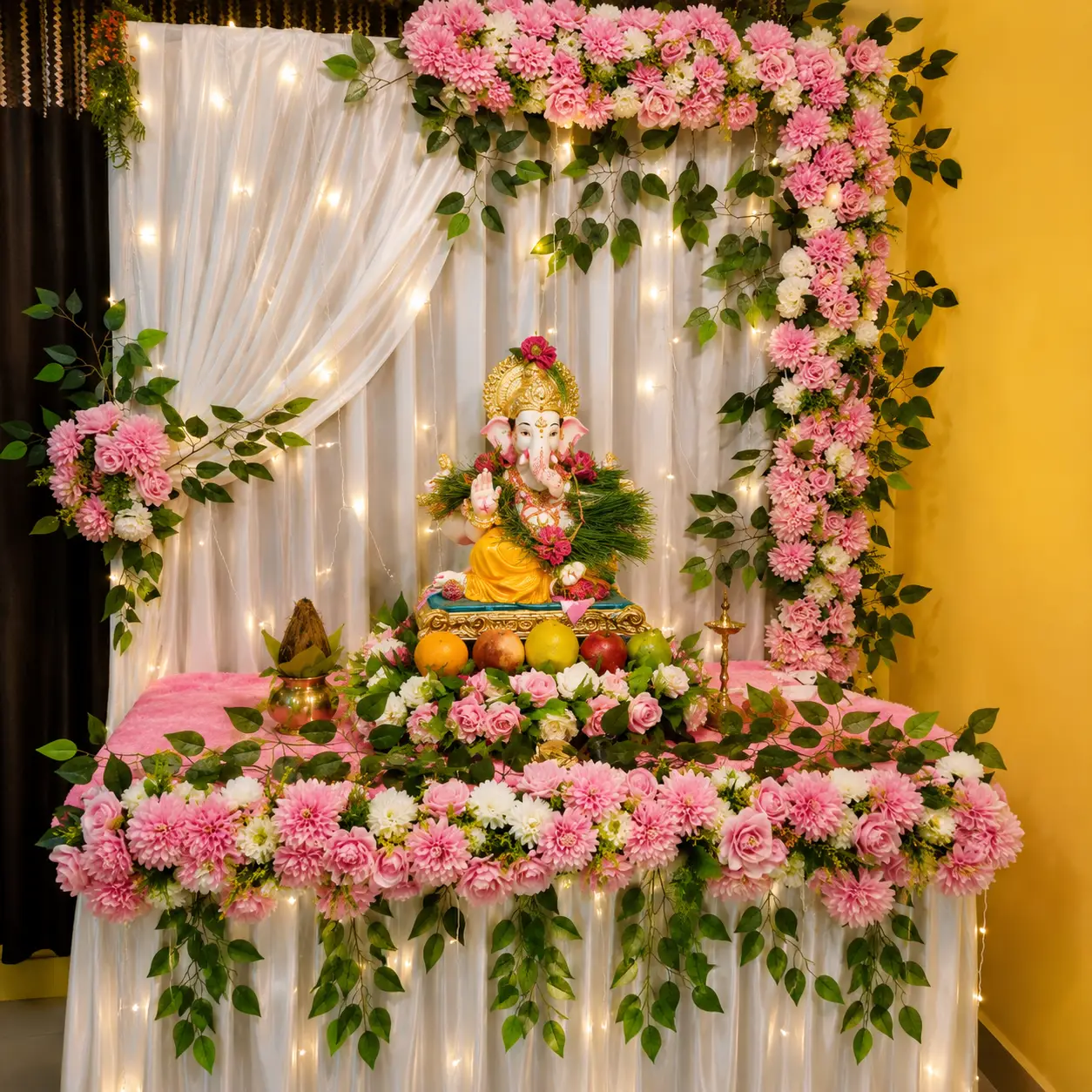 Simple Ganpati Puja Flower Decoration — Ganpati Decoration for Home, Office & Pandal