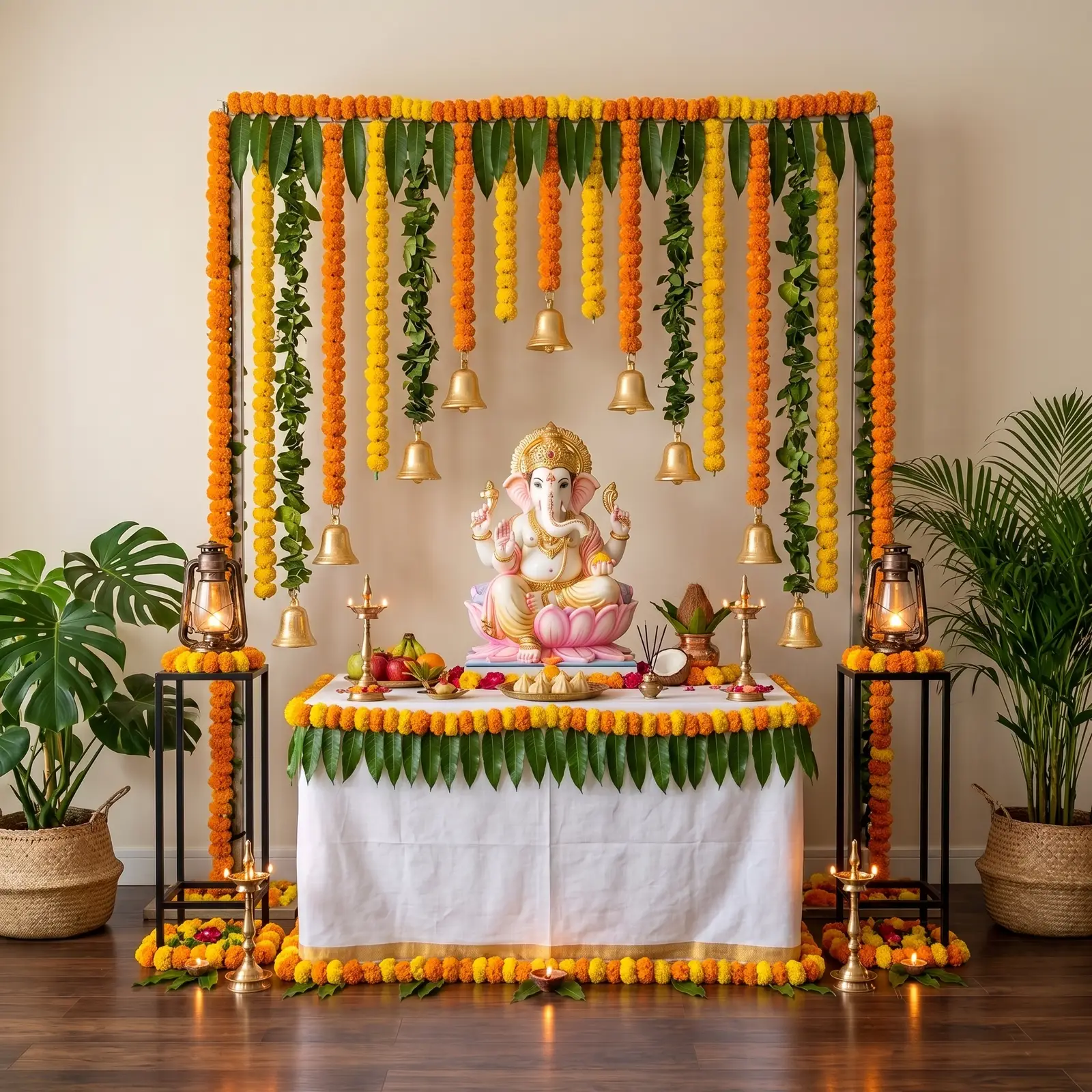 Marigold Flower Decoration for Ganpati Puja — Ganpati Decoration for Home, Office & Pandal