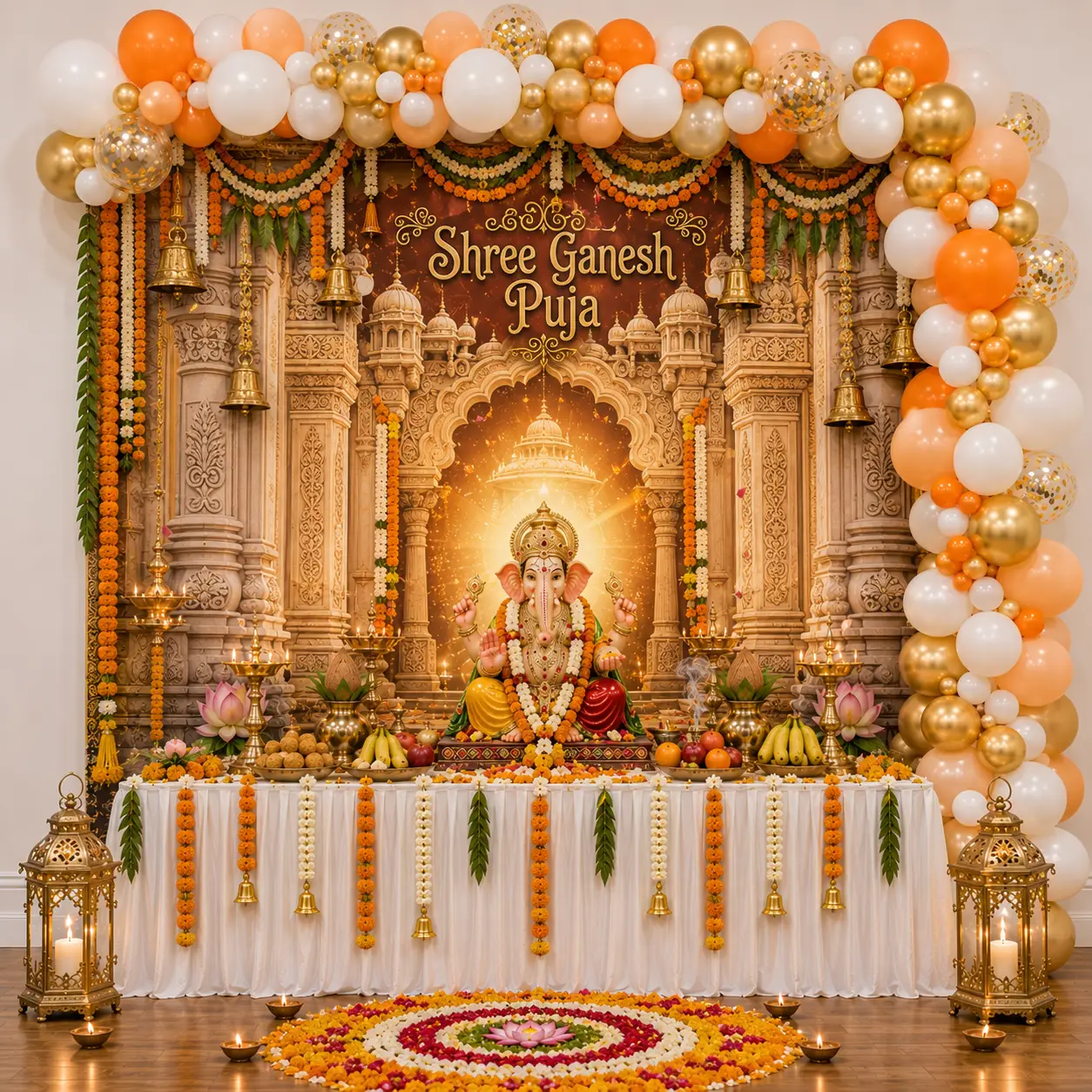 Ganpati Puja Backdrop Decoration with Balloons — Ganpati Decoration for Home, Office & Pandal