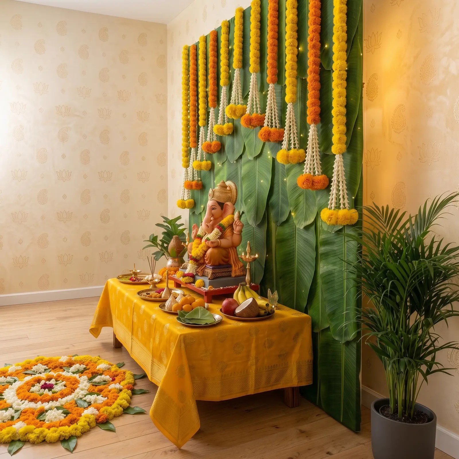 Banana Leaf Backdrop for Ganpati Puja — thumbnail 2