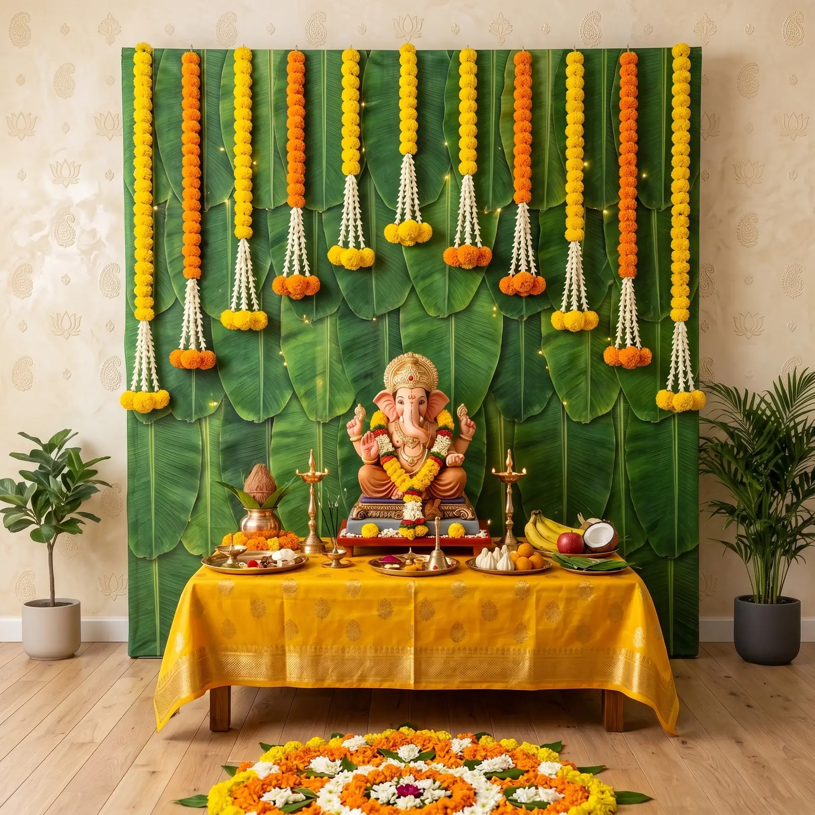 Banana Leaf Backdrop for Ganpati Puja — Ganpati Decoration for Home, Office & Pandal