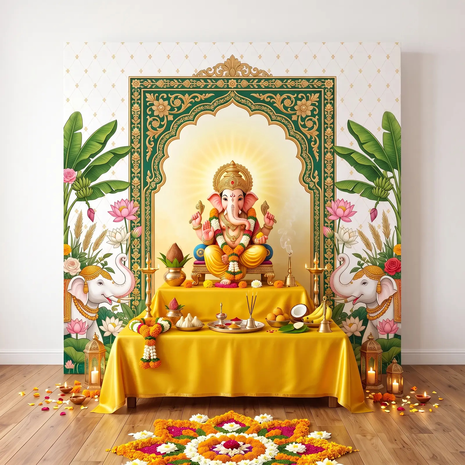 Traditional Style Ganpati Backdrop Decor — Ganpati Decoration for Home, Office & Pandal