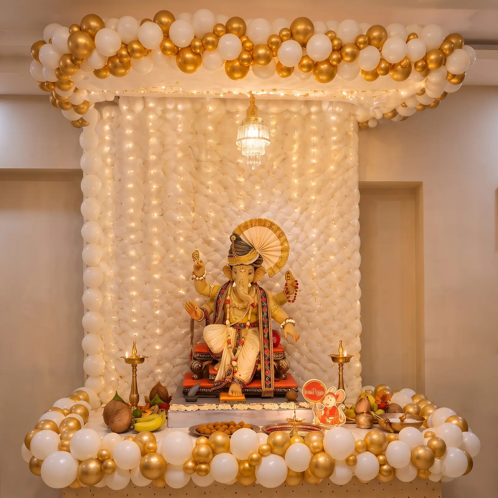 White & Gold Balloon Mandap Decoration — Ganpati Decoration for Home, Office & Pandal