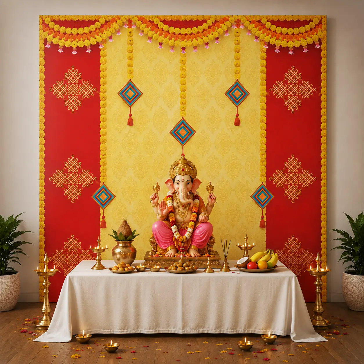 Classic Ganpati Decoration with Backdrop — Ganpati Decoration for Home, Office & Pandal