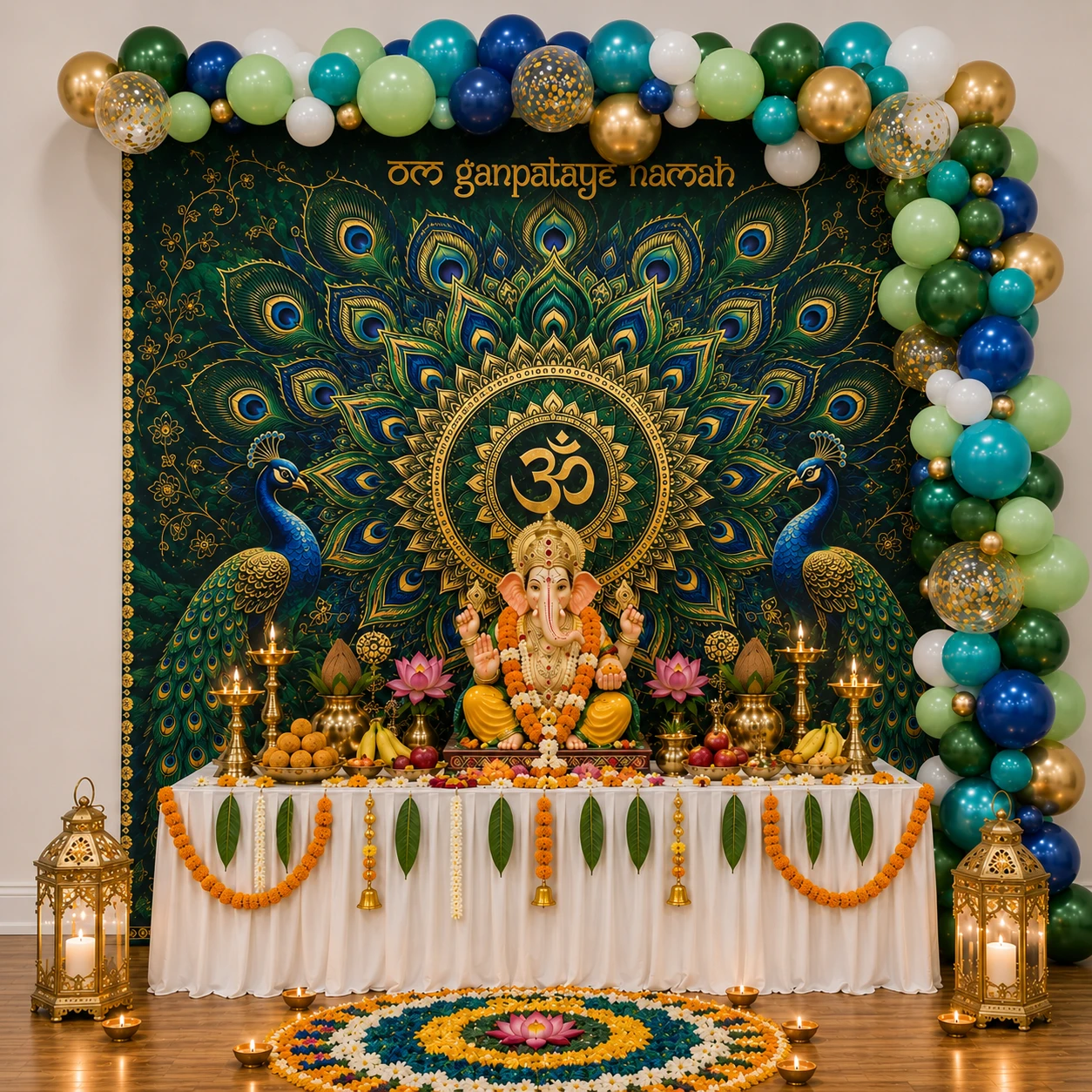 Peacock Theme Ganpati Backdrop Decoration — Ganpati Decoration for Home, Office & Pandal