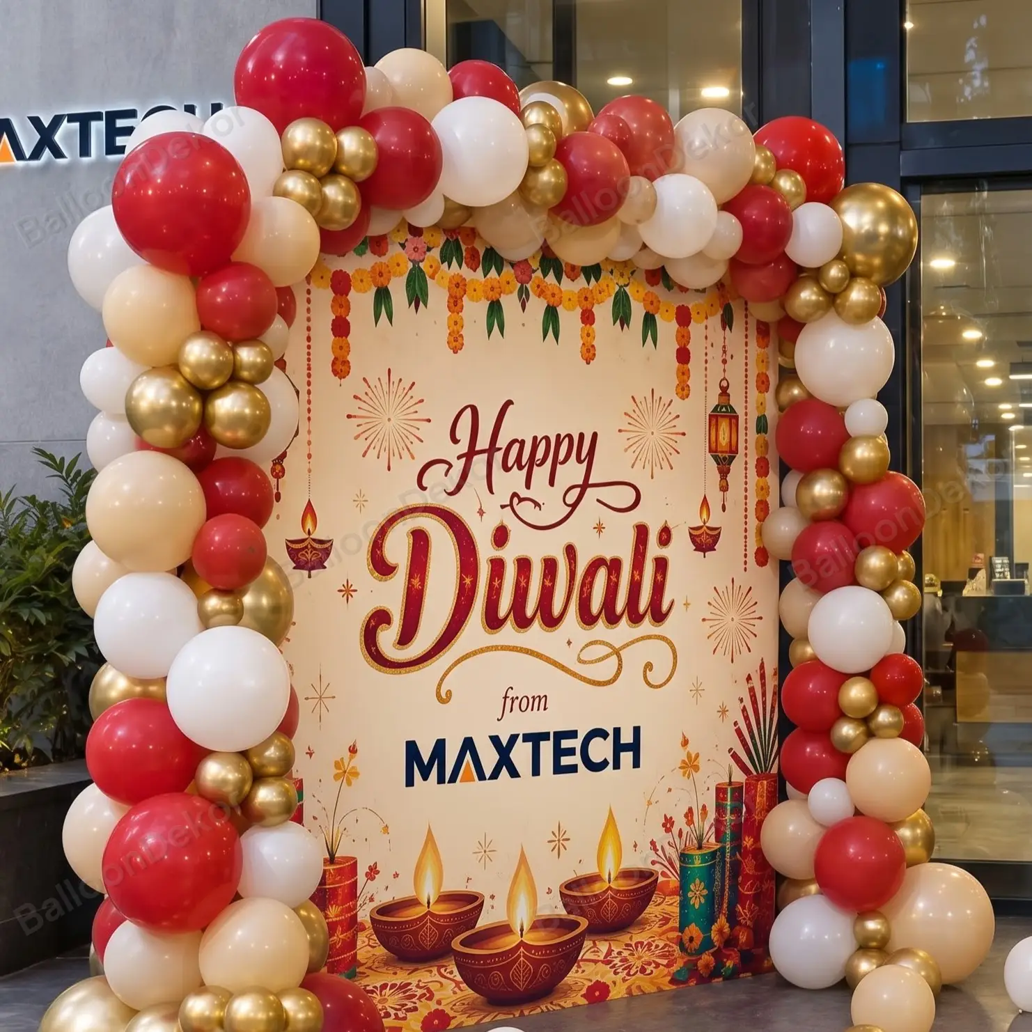 Red & Gold Balloon Diwali Backdrop Setup — thumbnail 2